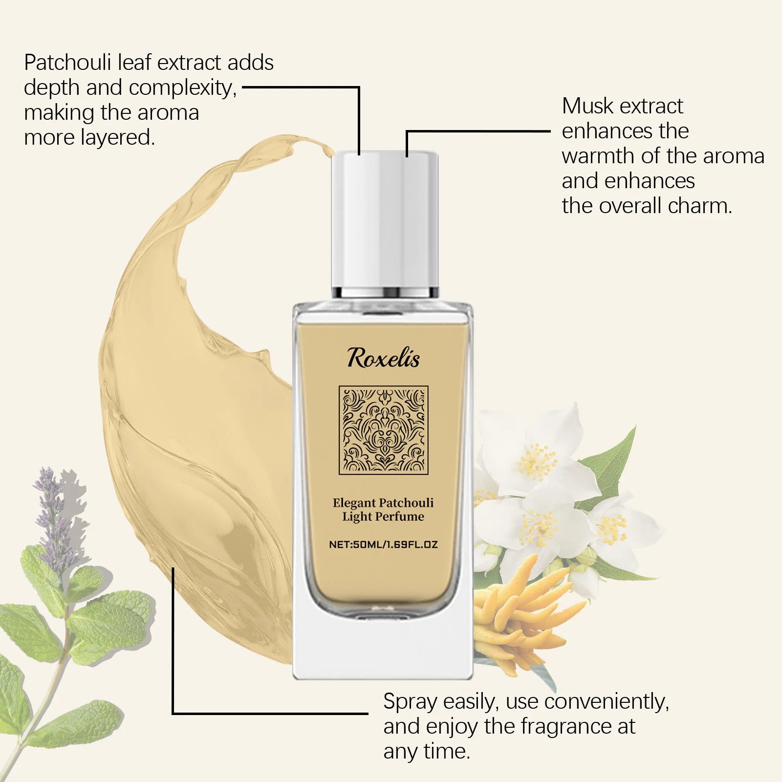 Roxelis 50ml Elegant Patchouli Perfume Light Fragrance Pheromone Release Charm Flirting Encourage Dating Glamour Scent Perfume