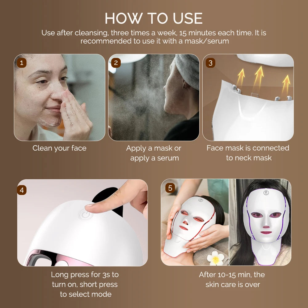 LED Facial Mask with Neck 7 Colors Light Therapy Red Light Facial Mask for Anti-Aging Rejuvenation Brighten Skin Beauty Device