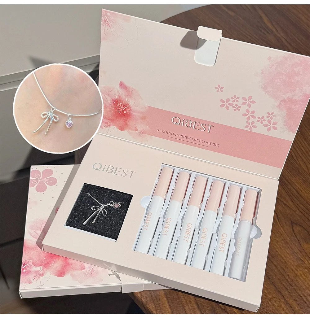 QIBEST 6Pcs/Box Matte Velvet Lipstick Sets Lasting Lip Glaze Kits Moisturizing Mirror Watery Lipgloss Makeup Set Necklace Gift