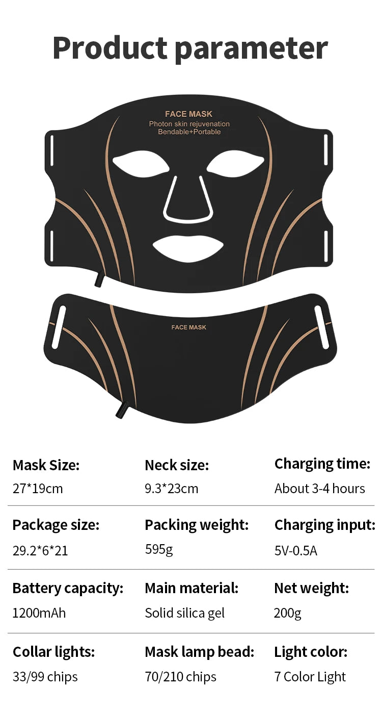 Silicone LED 7 Colors Facial Neck Mask Whitening Skin Acne Blemish Firming Skin Deep Repair  Remove Wrinkles Beauty Mask Device
