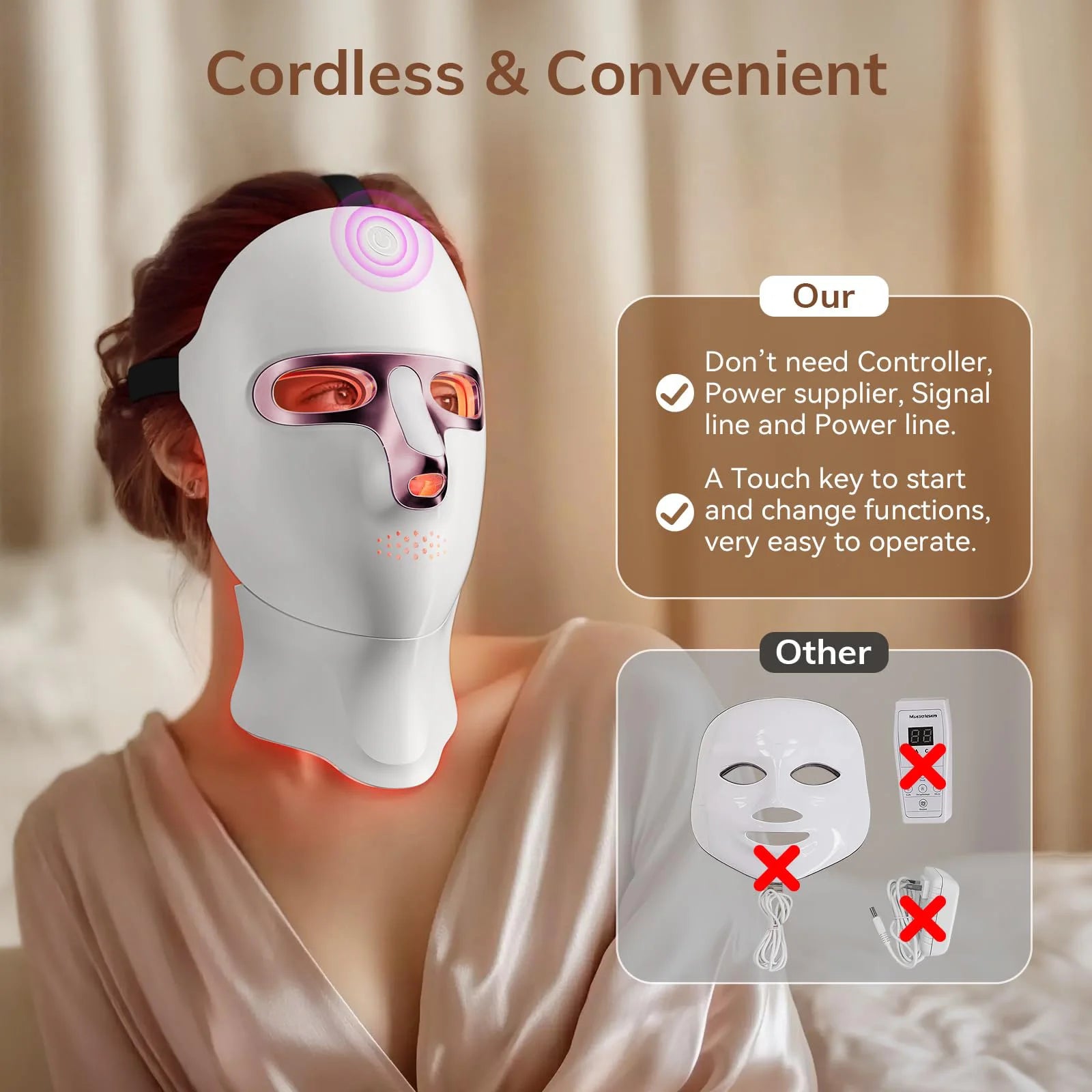 USB Rechargeable LED Face Mask Therapy Red Light Therapy Face Mask with Neck Therapy Mask for Home Working Travel Yoga Sleep