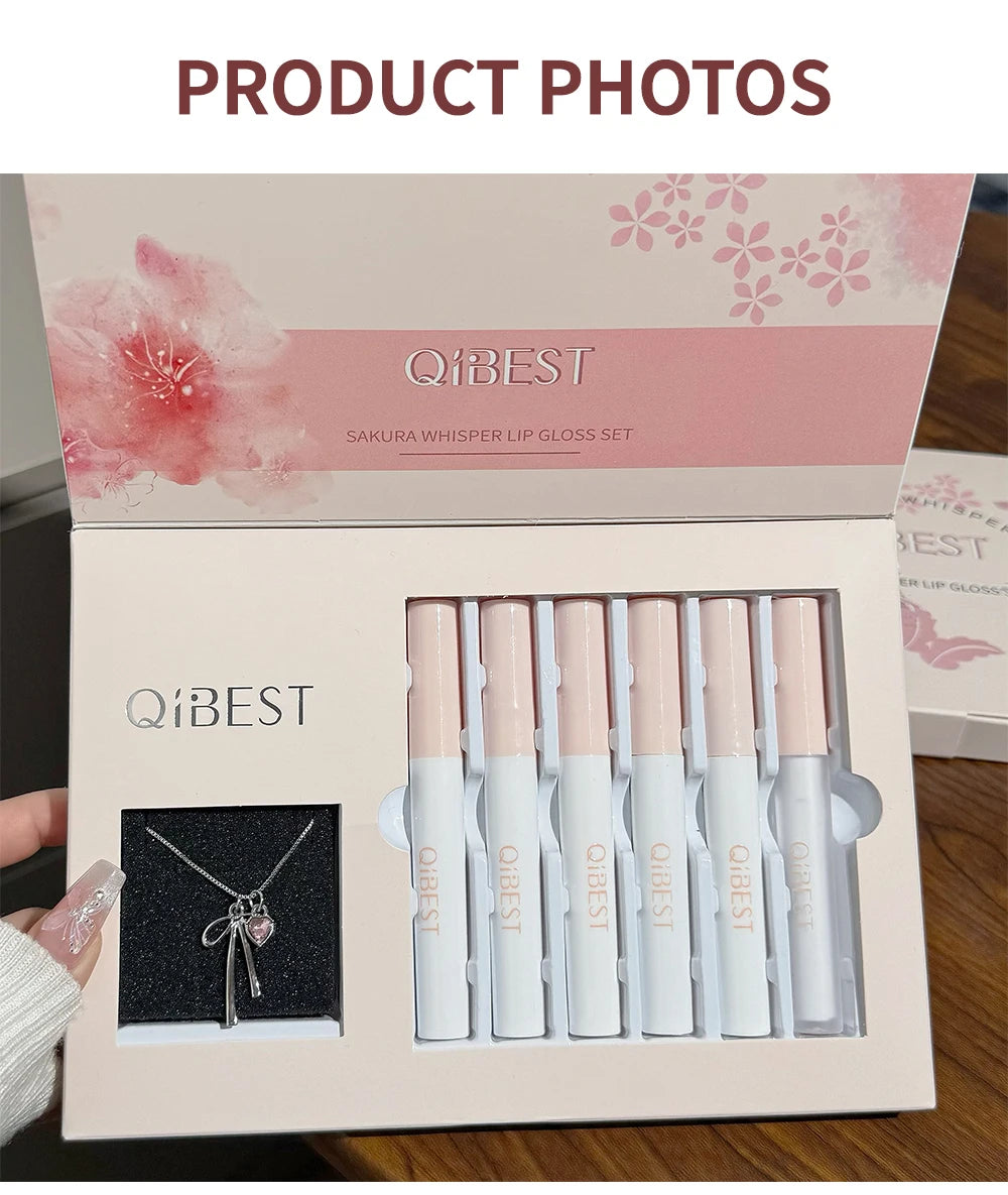 QIBEST 6Pcs/Box Matte Velvet Lipstick Sets Lasting Lip Glaze Kits Moisturizing Mirror Watery Lipgloss Makeup Set Necklace Gift