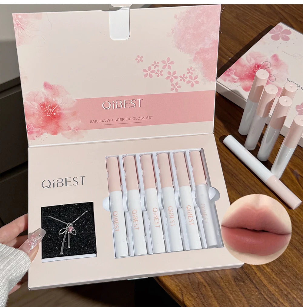 QIBEST 6Pcs/Box Matte Velvet Lipstick Sets Lasting Lip Glaze Kits Moisturizing Mirror Watery Lipgloss Makeup Set Necklace Gift