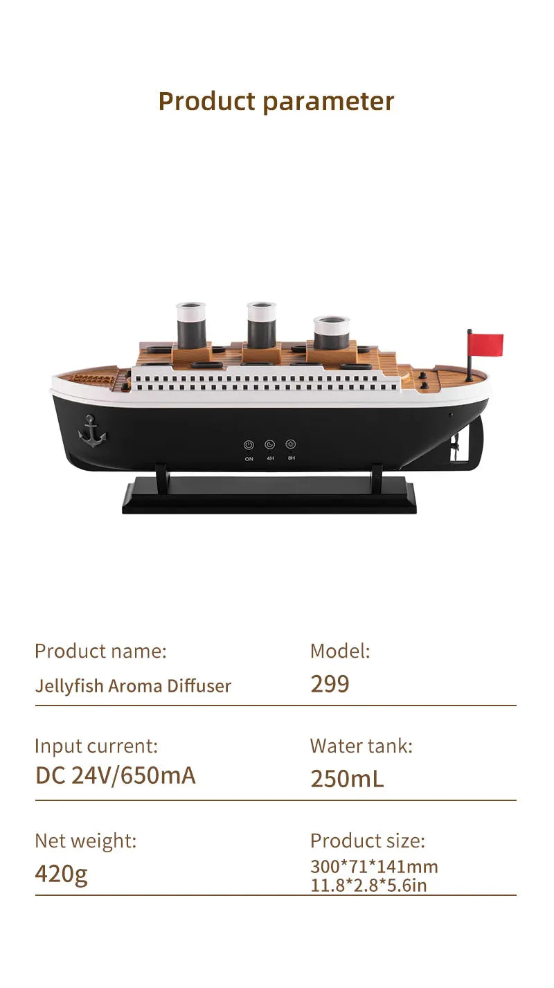 250ml Titanic Ship Model Decoration Air Humidifier Essential Oil Diffuser Jellyfish Smoke Ring Spray Aroma Diffuser For Home