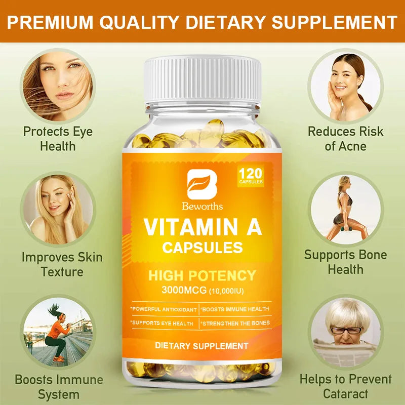 BEWORTHS Vitamin A Capsules Effectively Antioxidant Skin Care Enhances Immunity and Supports Eye and Bone Health