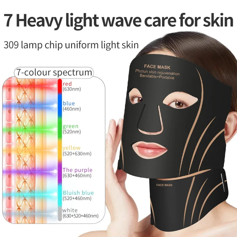 Silicone LED 7 Colors Facial Neck Mask Whitening Skin Acne Blemish Firming Skin Deep Repair  Remove Wrinkles Beauty Mask Device