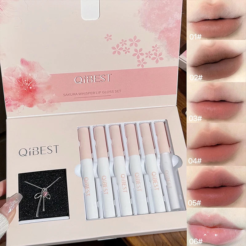QIBEST 6Pcs/Box Matte Velvet Lipstick Sets Lasting Lip Glaze Kits Moisturizing Mirror Watery Lipgloss Makeup Set Necklace Gift