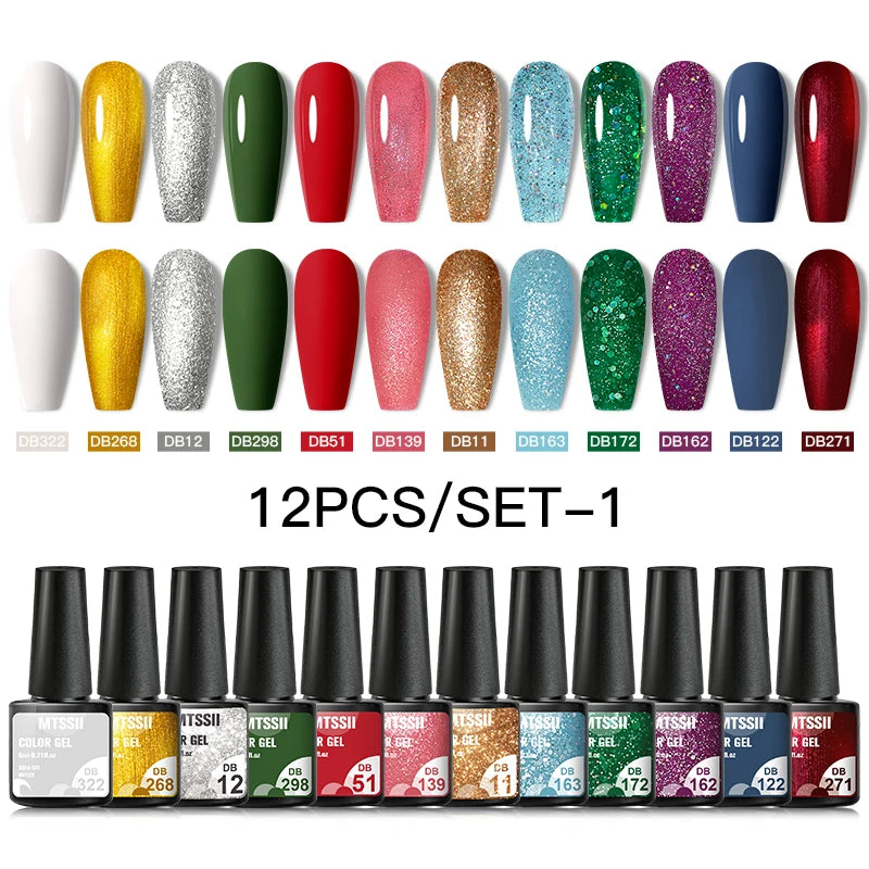 Mtssii 10Pcs/Set Christmas Gel Nail Polish Nail Art Sparkle Gold Red Green Gel Polish Varnish Semi Permanen Gel New Year Nail