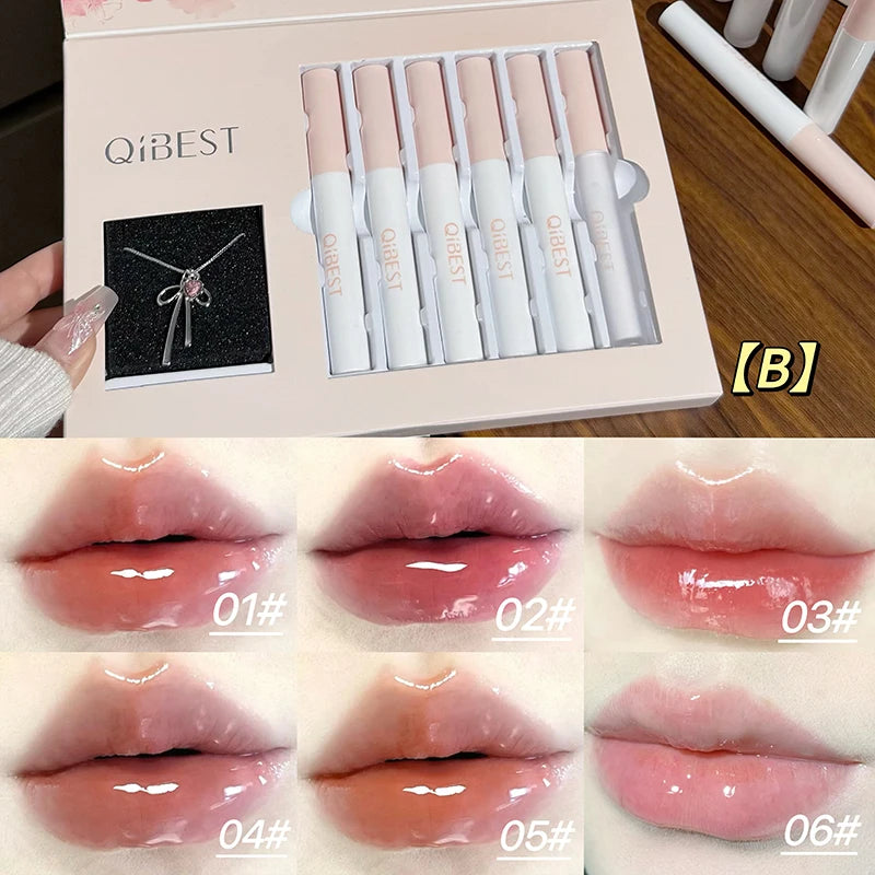 QIBEST 6Pcs/Box Matte Velvet Lipstick Sets Lasting Lip Glaze Kits Moisturizing Mirror Watery Lipgloss Makeup Set Necklace Gift
