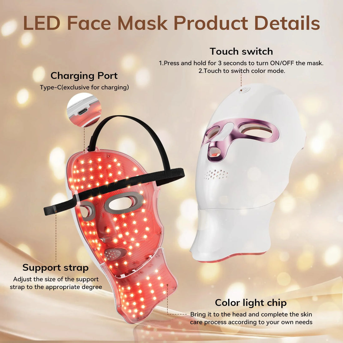 USB Rechargeable LED Face Mask Therapy Red Light Therapy Face Mask with Neck Therapy Mask for Home Working Travel Yoga Sleep