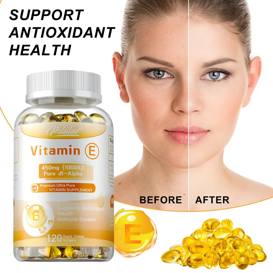 Vitamin E Capsules 450mg - Anti-aging, Skin Firming, Wrinkle Reduction, Support Skin, Heart and Immune Health Supplement