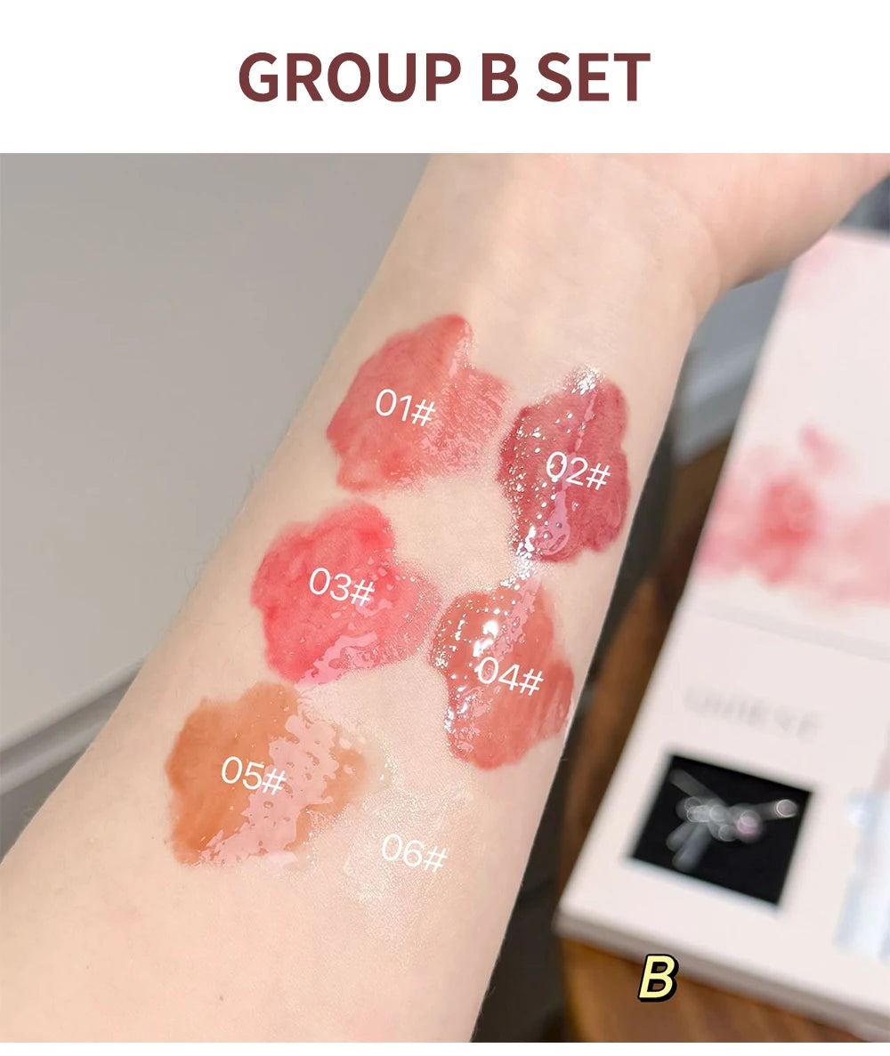 QIBEST 6Pcs/Box Matte Velvet Lipstick Sets Lasting Lip Glaze Kits Moisturizing Mirror Watery Lipgloss Makeup Set Necklace Gift