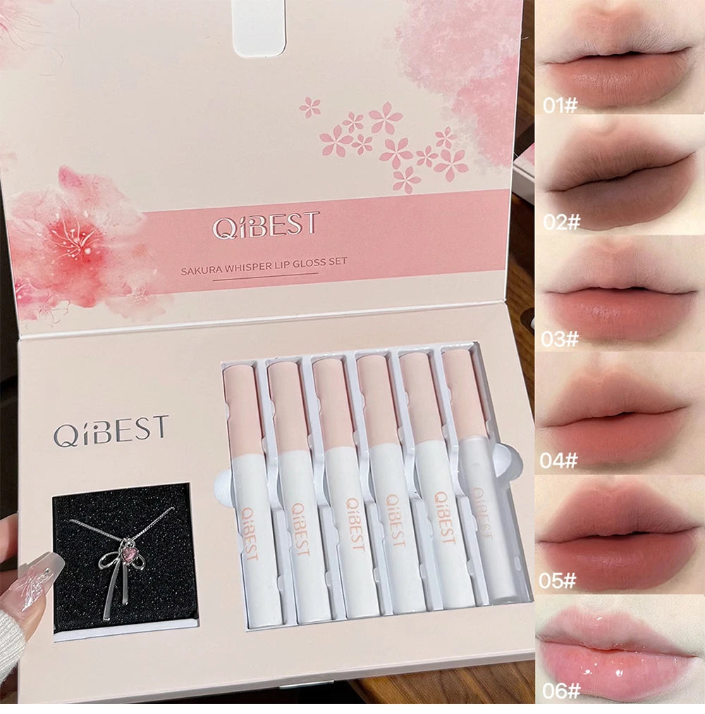 QIBEST 6Pcs/Box Matte Velvet Lipstick Sets Lasting Lip Glaze Kits Moisturizing Mirror Watery Lipgloss Makeup Set Necklace Gift