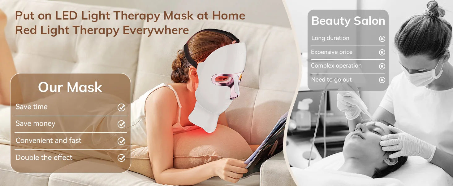 USB Rechargeable LED Face Mask Therapy Red Light Therapy Face Mask with Neck Therapy Mask for Home Working Travel Yoga Sleep