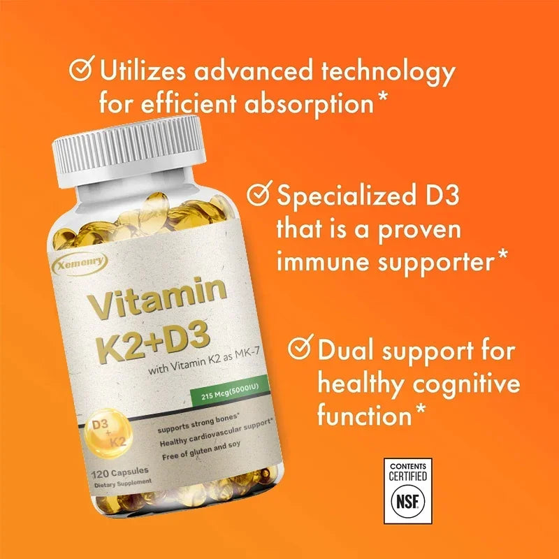 Vitamin K2 + D3 Supplement - Promotes Calcium Absorption, Helps Promote Bone, Teeth, Joints, Heart Immune Health Supplement