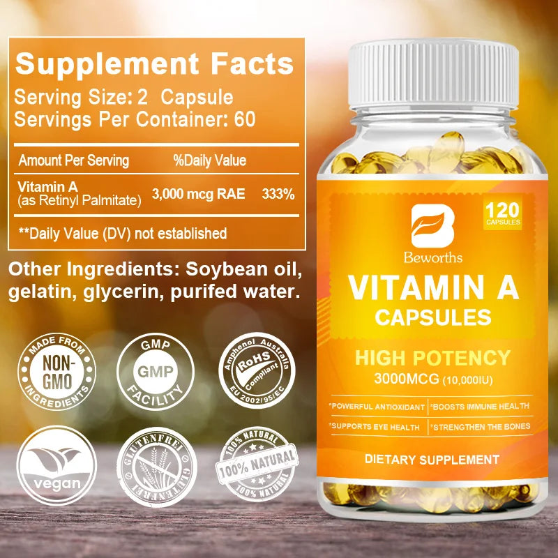 BEWORTHS Vitamin A Capsules Effectively Antioxidant Skin Care Enhances Immunity and Supports Eye and Bone Health