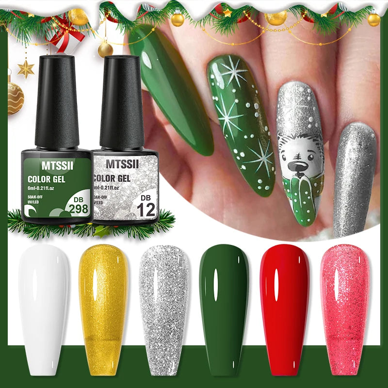 Mtssii 10Pcs/Set Christmas Gel Nail Polish Nail Art Sparkle Gold Red Green Gel Polish Varnish Semi Permanen Gel New Year Nail