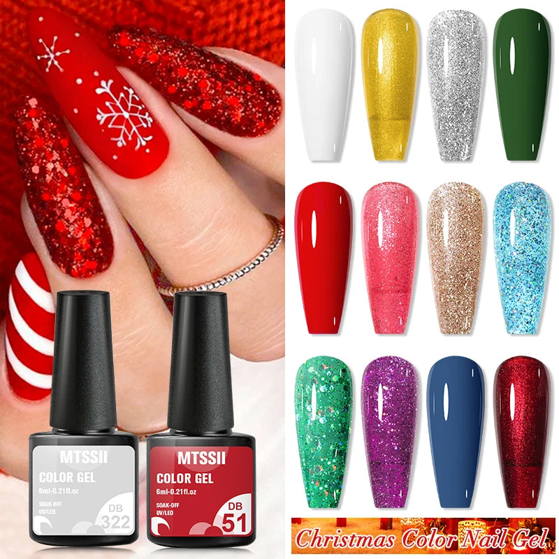 Mtssii 10Pcs/Set Christmas Gel Nail Polish Nail Art Sparkle Gold Red Green Gel Polish Varnish Semi Permanen Gel New Year Nail
