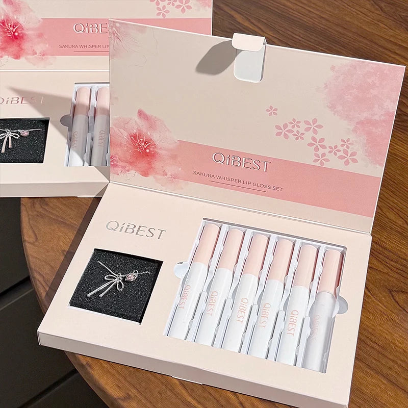 QIBEST 6Pcs/Box Matte Velvet Lipstick Sets Lasting Lip Glaze Kits Moisturizing Mirror Watery Lipgloss Makeup Set Necklace Gift