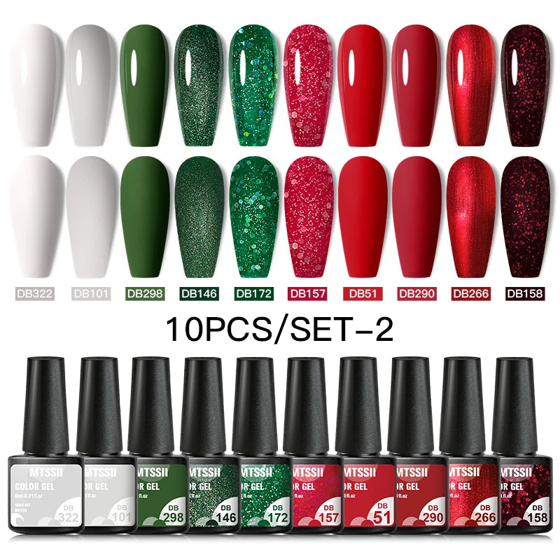 Mtssii 10Pcs/Set Christmas Gel Nail Polish Nail Art Sparkle Gold Red Green Gel Polish Varnish Semi Permanen Gel New Year Nail