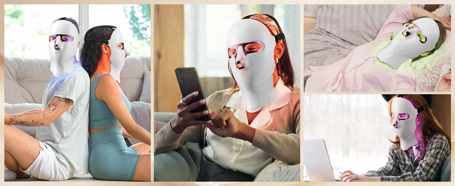 USB Rechargeable LED Face Mask Therapy Red Light Therapy Face Mask with Neck Therapy Mask for Home Working Travel Yoga Sleep