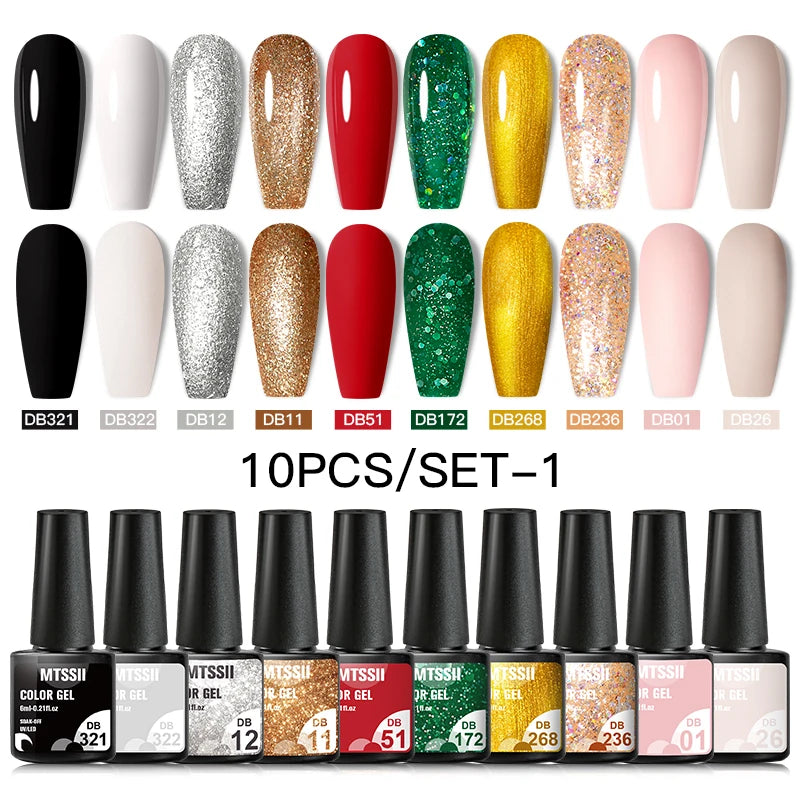 Mtssii 10Pcs/Set Christmas Gel Nail Polish Nail Art Sparkle Gold Red Green Gel Polish Varnish Semi Permanen Gel New Year Nail