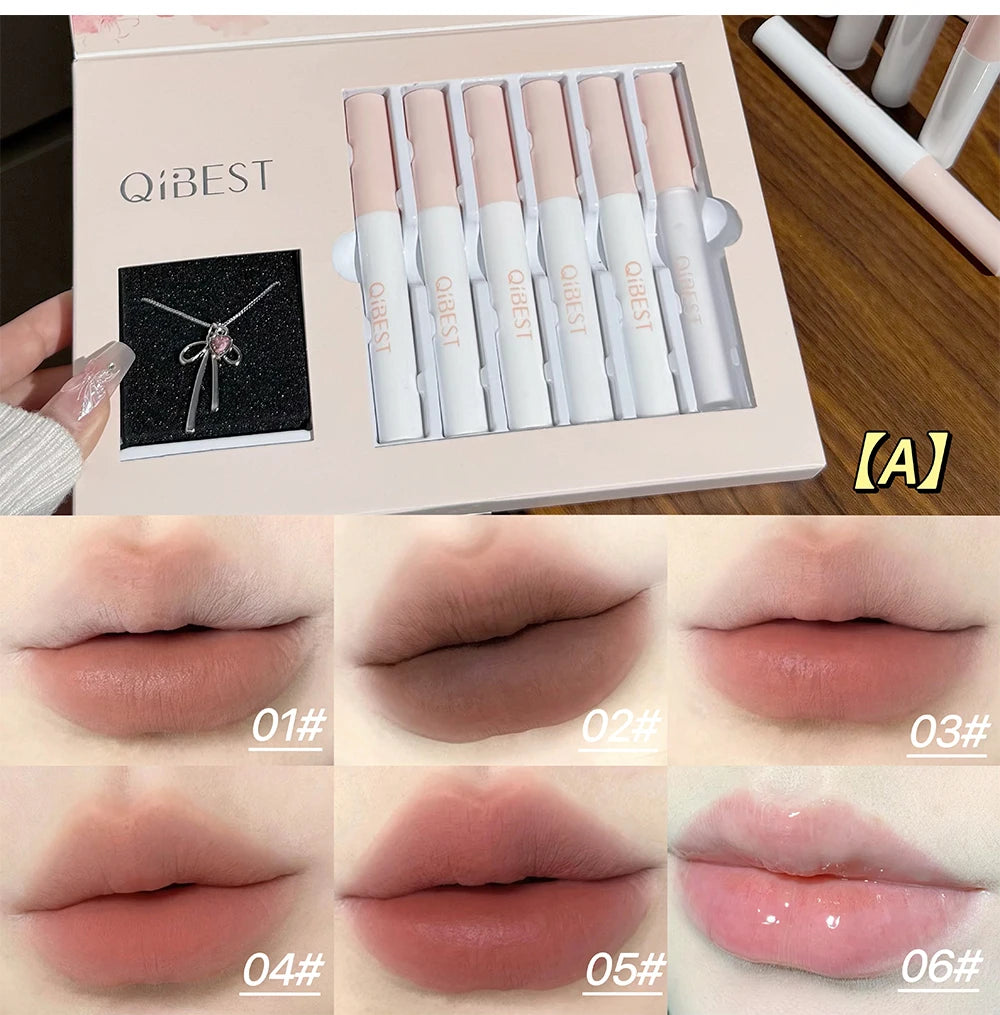 QIBEST 6Pcs/Box Matte Velvet Lipstick Sets Lasting Lip Glaze Kits Moisturizing Mirror Watery Lipgloss Makeup Set Necklace Gift