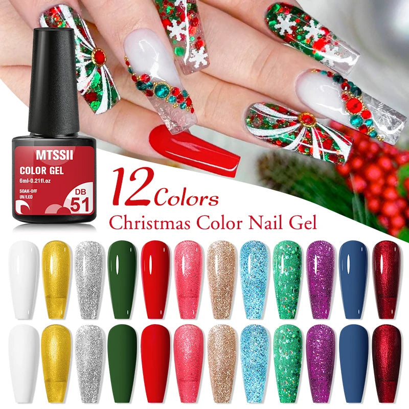Mtssii 10Pcs/Set Christmas Gel Nail Polish Nail Art Sparkle Gold Red Green Gel Polish Varnish Semi Permanen Gel New Year Nail