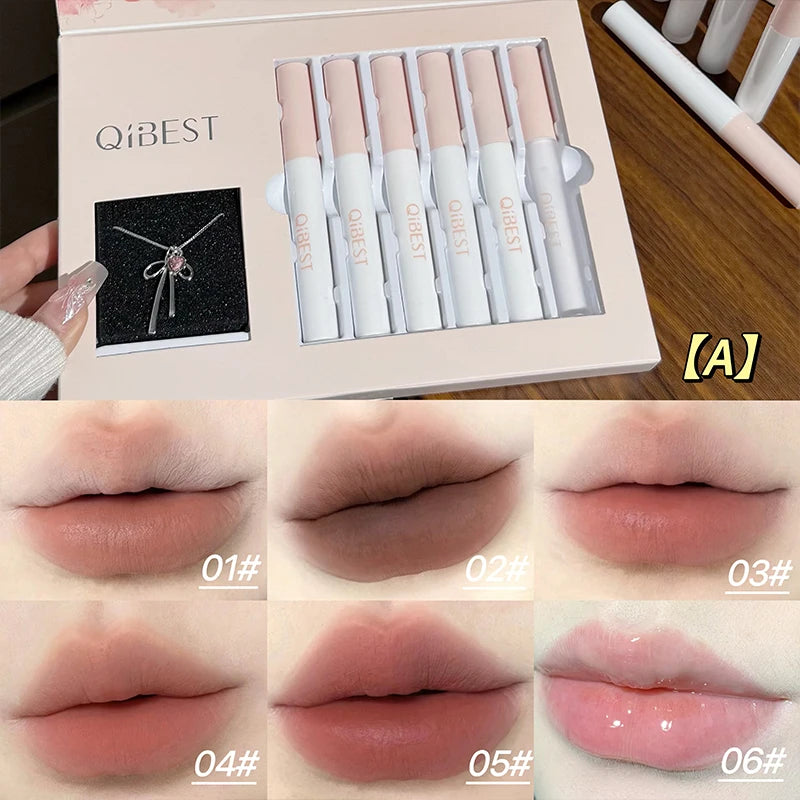 QIBEST 6Pcs/Box Matte Velvet Lipstick Sets Lasting Lip Glaze Kits Moisturizing Mirror Watery Lipgloss Makeup Set Necklace Gift