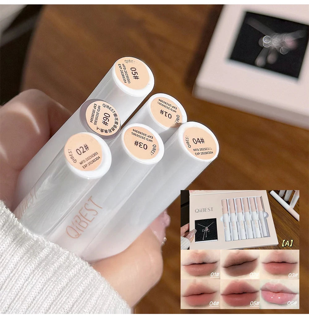 QIBEST 6Pcs/Box Matte Velvet Lipstick Sets Lasting Lip Glaze Kits Moisturizing Mirror Watery Lipgloss Makeup Set Necklace Gift