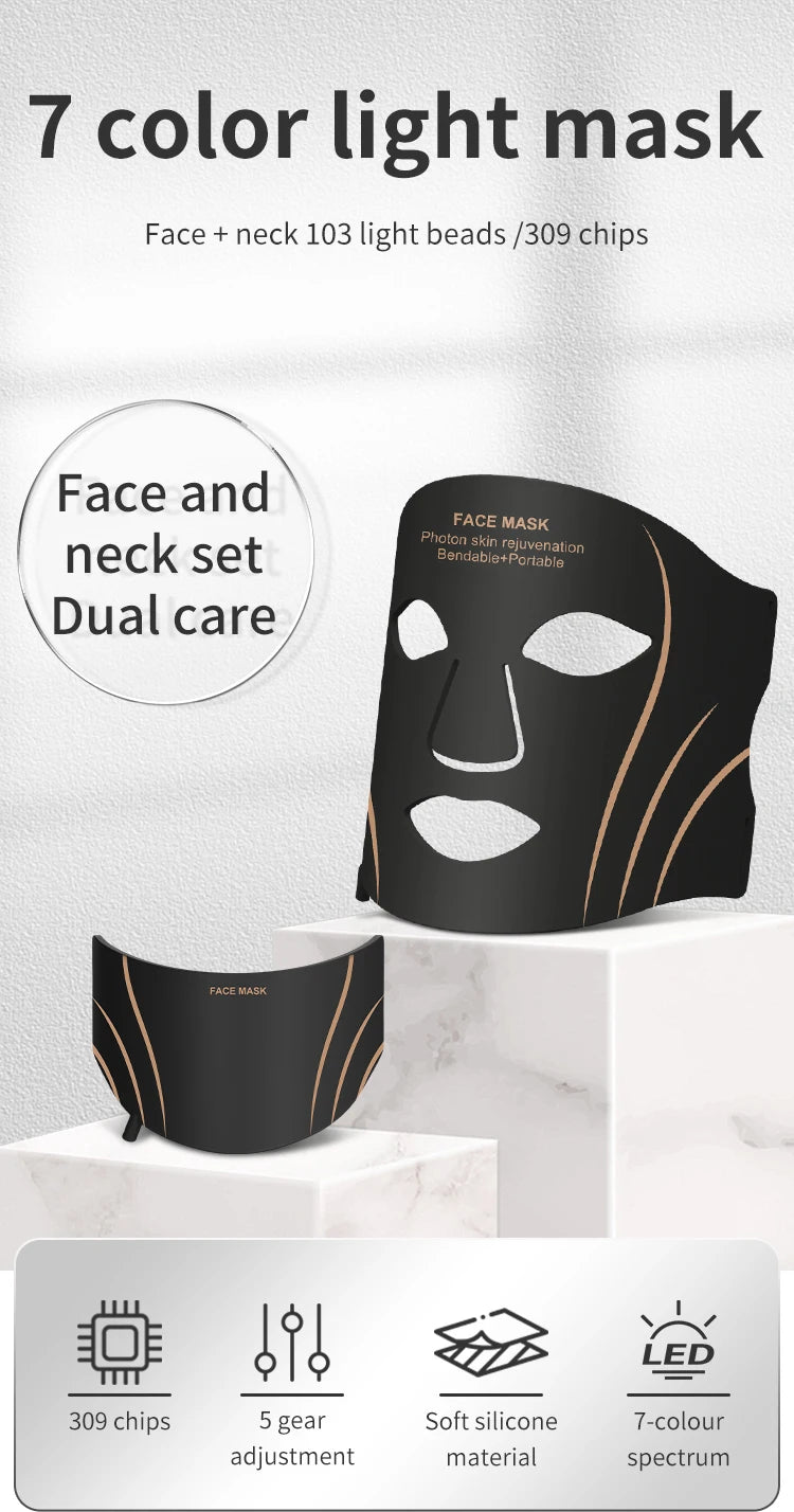 Silicone LED 7 Colors Facial Neck Mask Whitening Skin Acne Blemish Firming Skin Deep Repair  Remove Wrinkles Beauty Mask Device