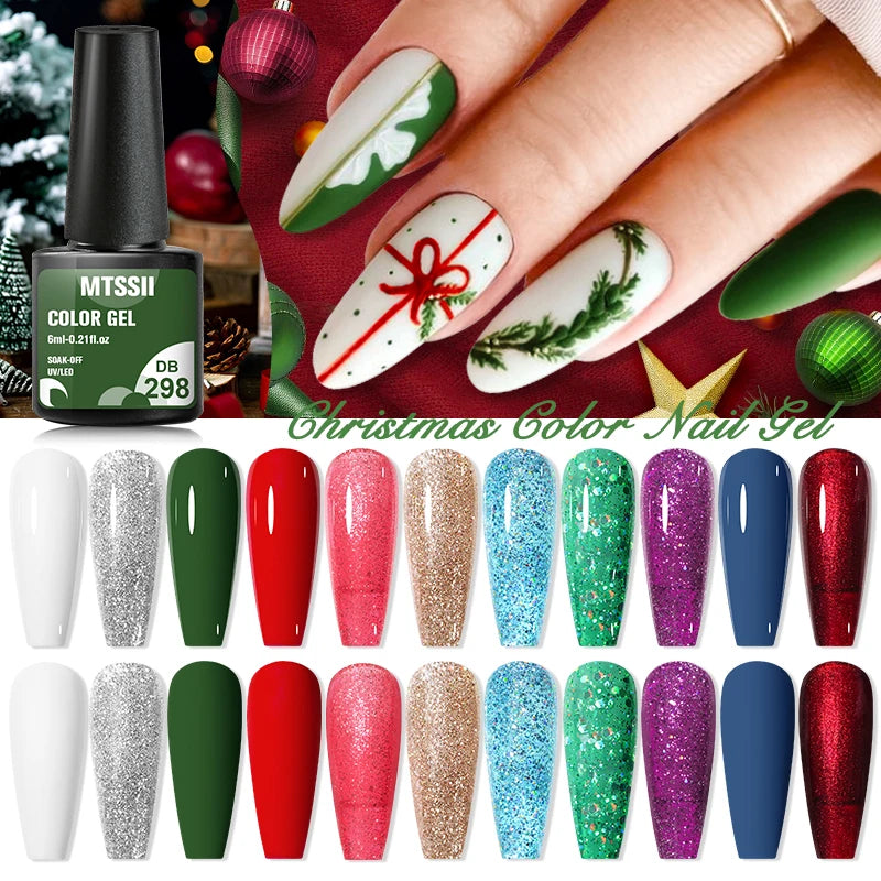 Mtssii 10Pcs/Set Christmas Gel Nail Polish Nail Art Sparkle Gold Red Green Gel Polish Varnish Semi Permanen Gel New Year Nail